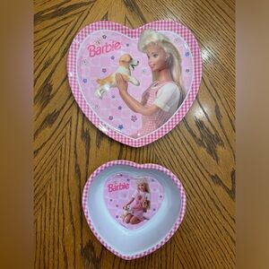 Vintage 1996 Barbie Pink Heart Plate and Bowl Set